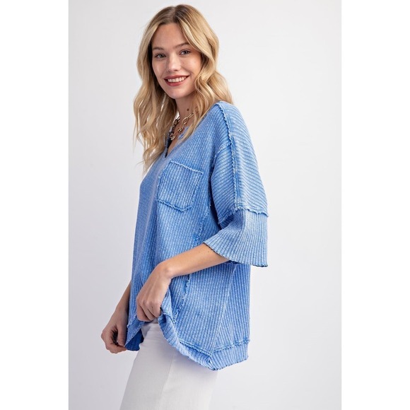 Short Sleeve Mineral Washed Thermal Knit Top -  Peri Blue - Picture 2 of 3